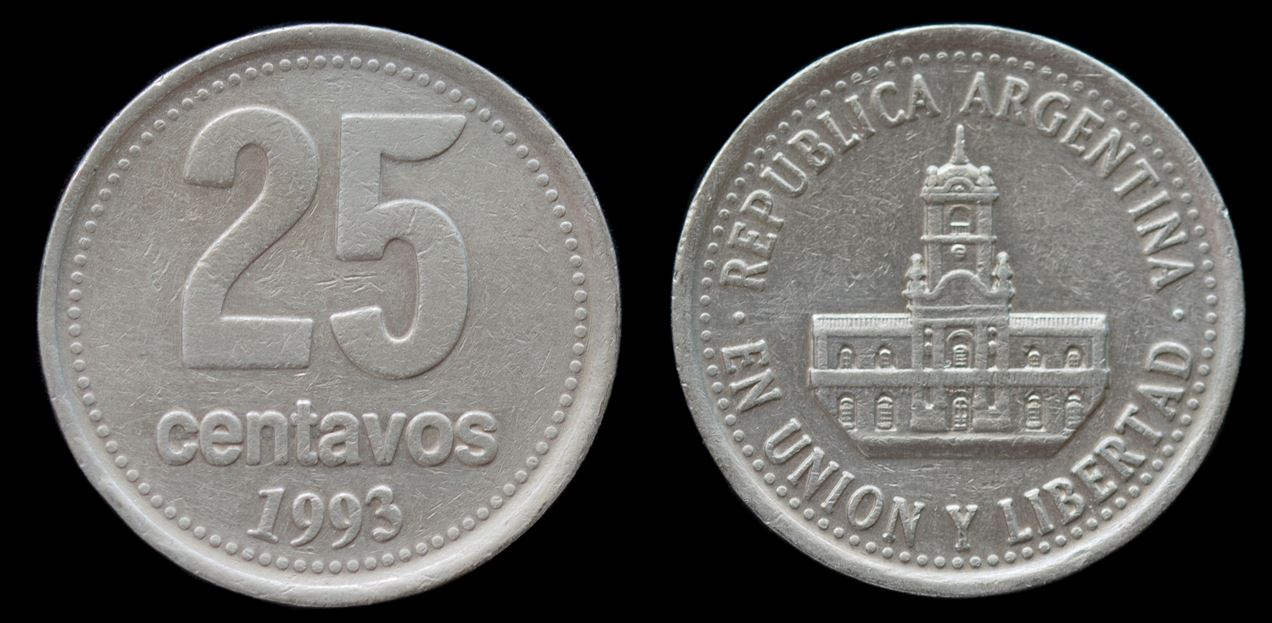 Moeda 25 centavos prateada de Peso 1993 Moeda 25 centavos 1993