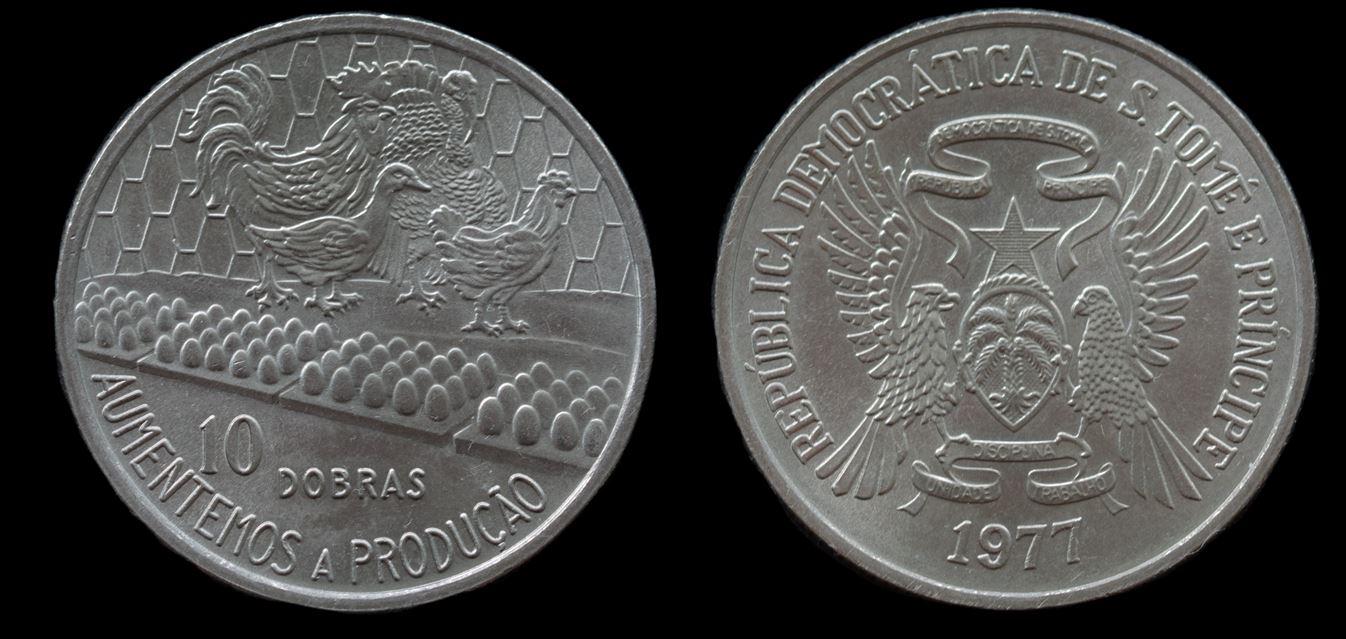 Moeda 10 Dobras 1977 - FAO (galinhas) Moeda 10 Dobras 1977